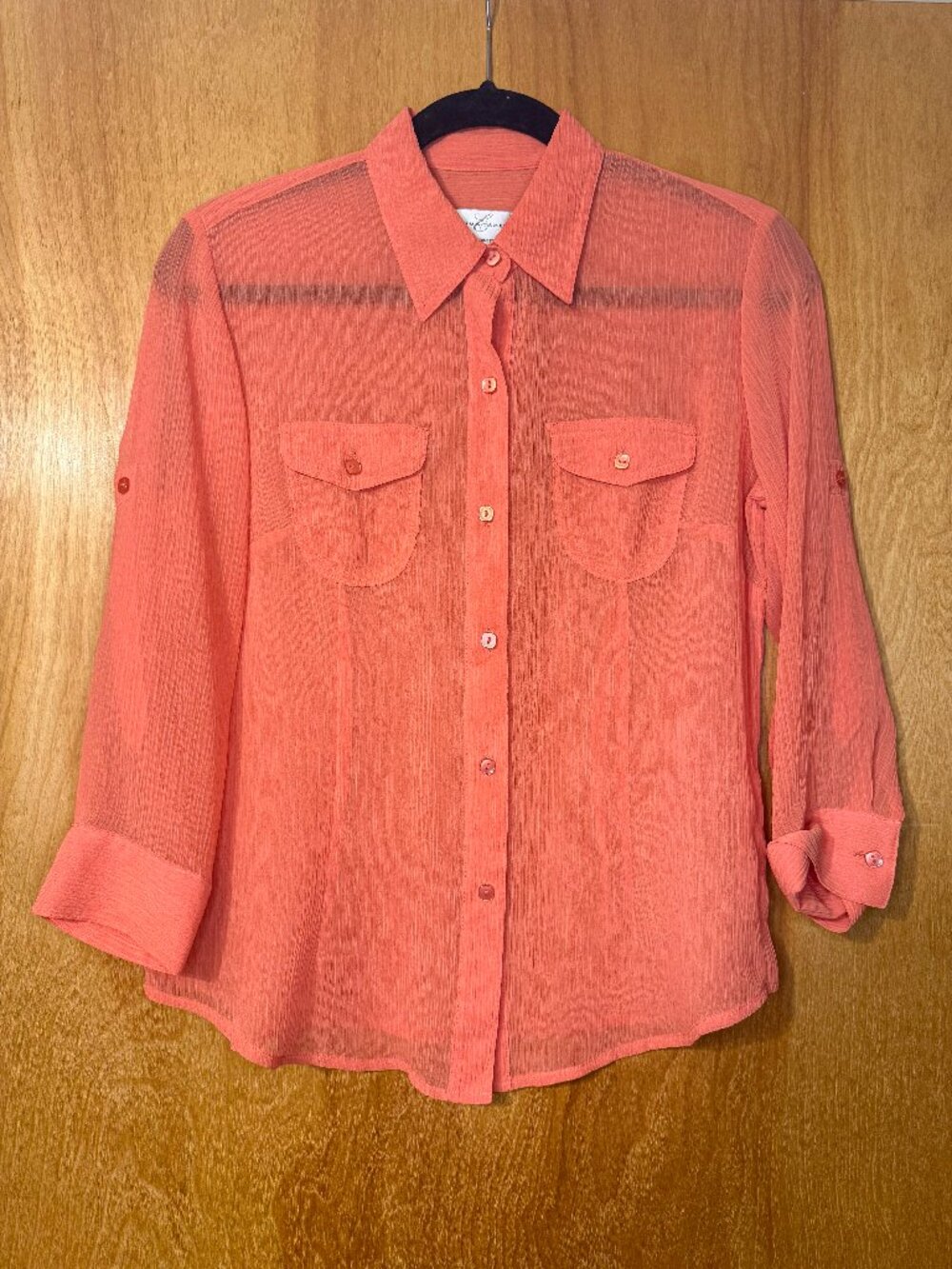 Sheer Coral Roll-Tab Sleeve Button-Down Utility Blouse Sz S